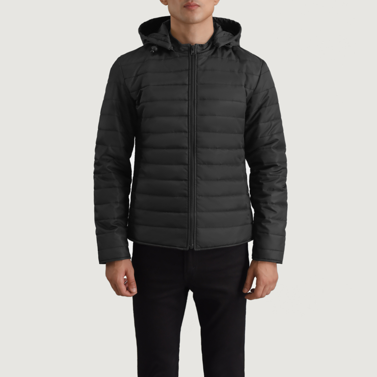 Mens Tyler Black Hooded Puffer Jacket Close Front-5-1698700812407